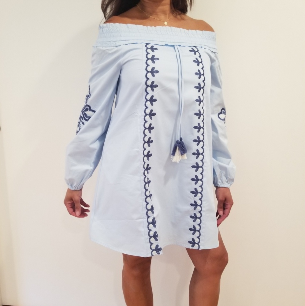 BLUE OFF SHOULDER EMBROIDERY DRESS size S & M - Picture 3 of 4